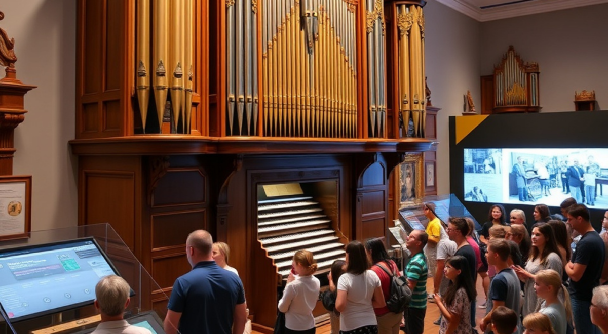 Visitors of different ages interacting with a large historic pipe organ in a museum setting, using a digital touchscreen interface while viewing interpretative displays about musical heritage
