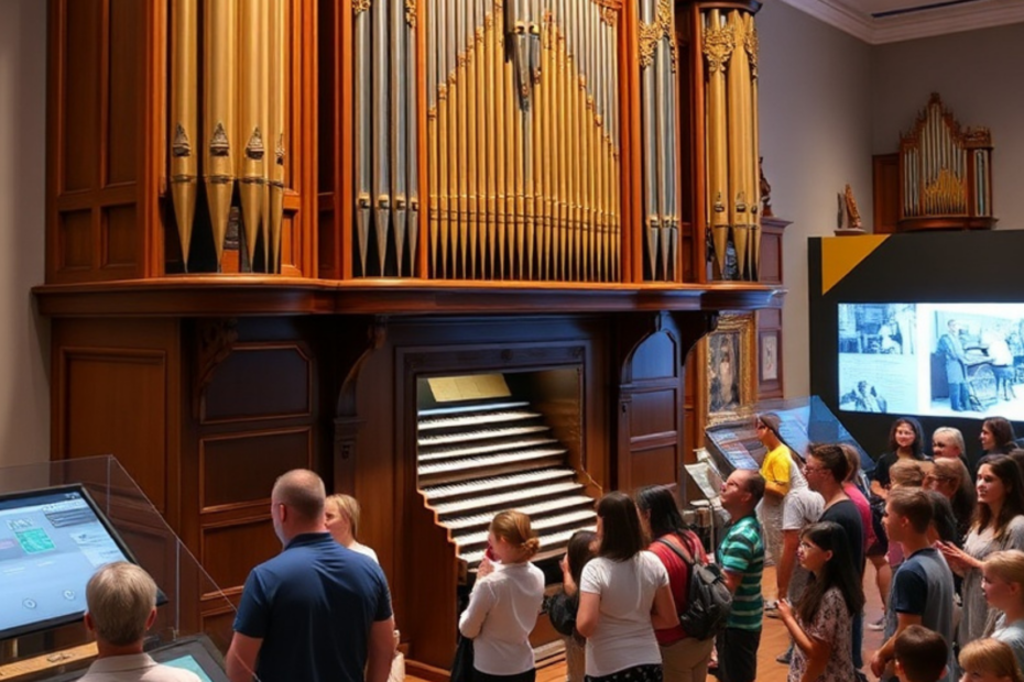Visitors of different ages interacting with a large historic pipe organ in a museum setting, using a digital touchscreen interface while viewing interpretative displays about musical heritage